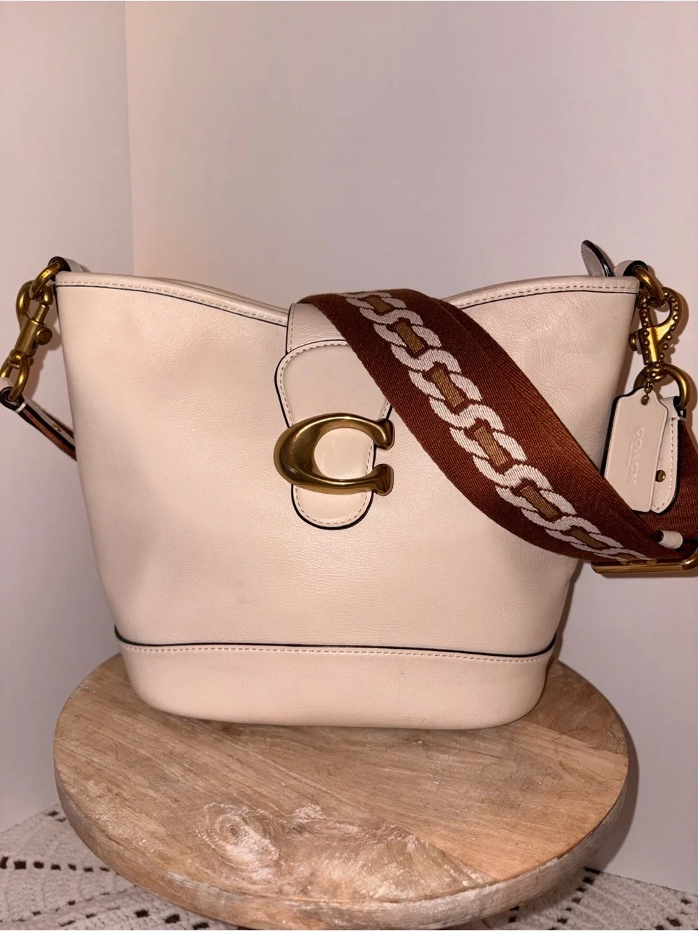 Coach chalk bucket Bag with Brown Patterned Strap and Gold Hardware